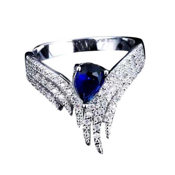 Wing Angel Ring with Inlaid Zircon Blue and Diamond Silver Plated - Picture 5 of 8
